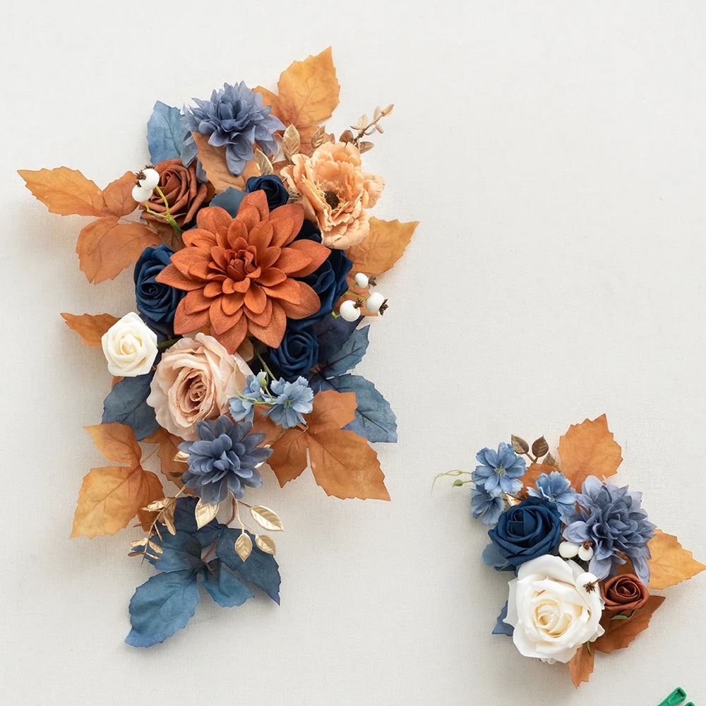 Wedding Sign Floral Arrangement with Blue and Orange Accents